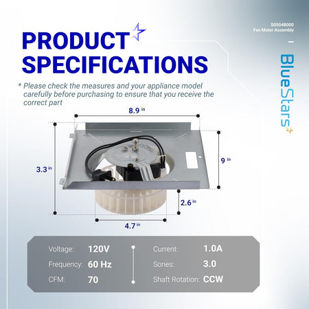 Bathroom exhaust fan motor assembly S0504B000 with technical dimension specifications and electrical ratings.