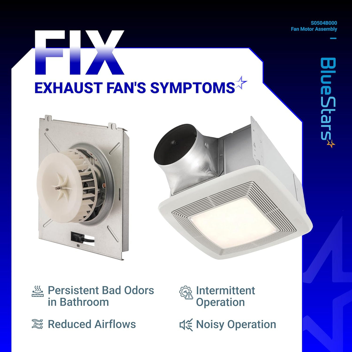 Infographic showing S0504B000 bathroom exhaust fan motor assembly and full fan unit to troubleshoot common fan symptoms.
