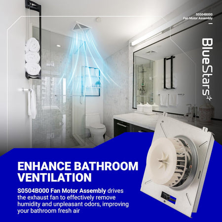 S0504B000 bathroom exhaust fan motor assembly with blower wheel shown in a promotional product graphic.