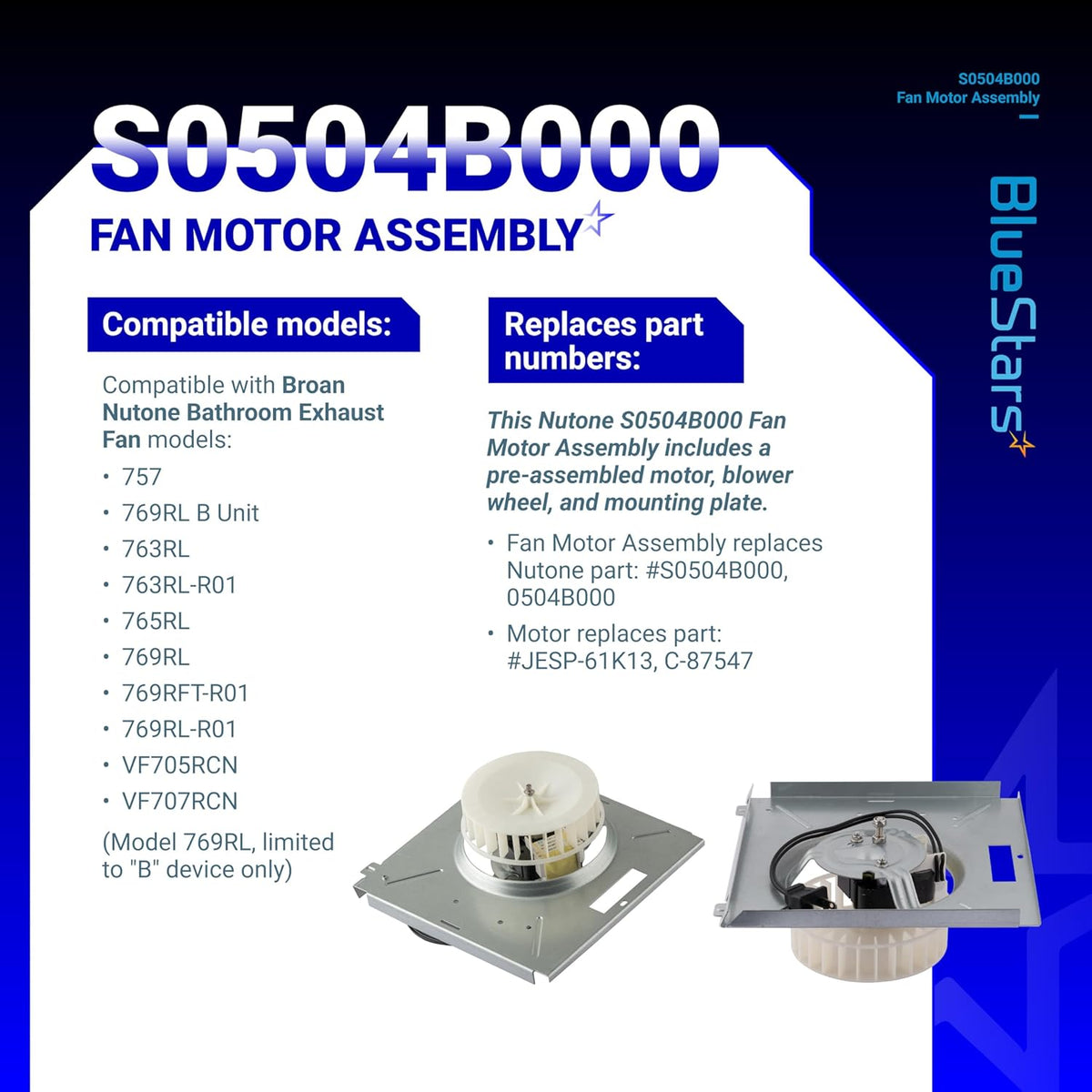 S0504B000 bathroom exhaust fan motor assembly with blower wheel and mounting plate shown from two angles.