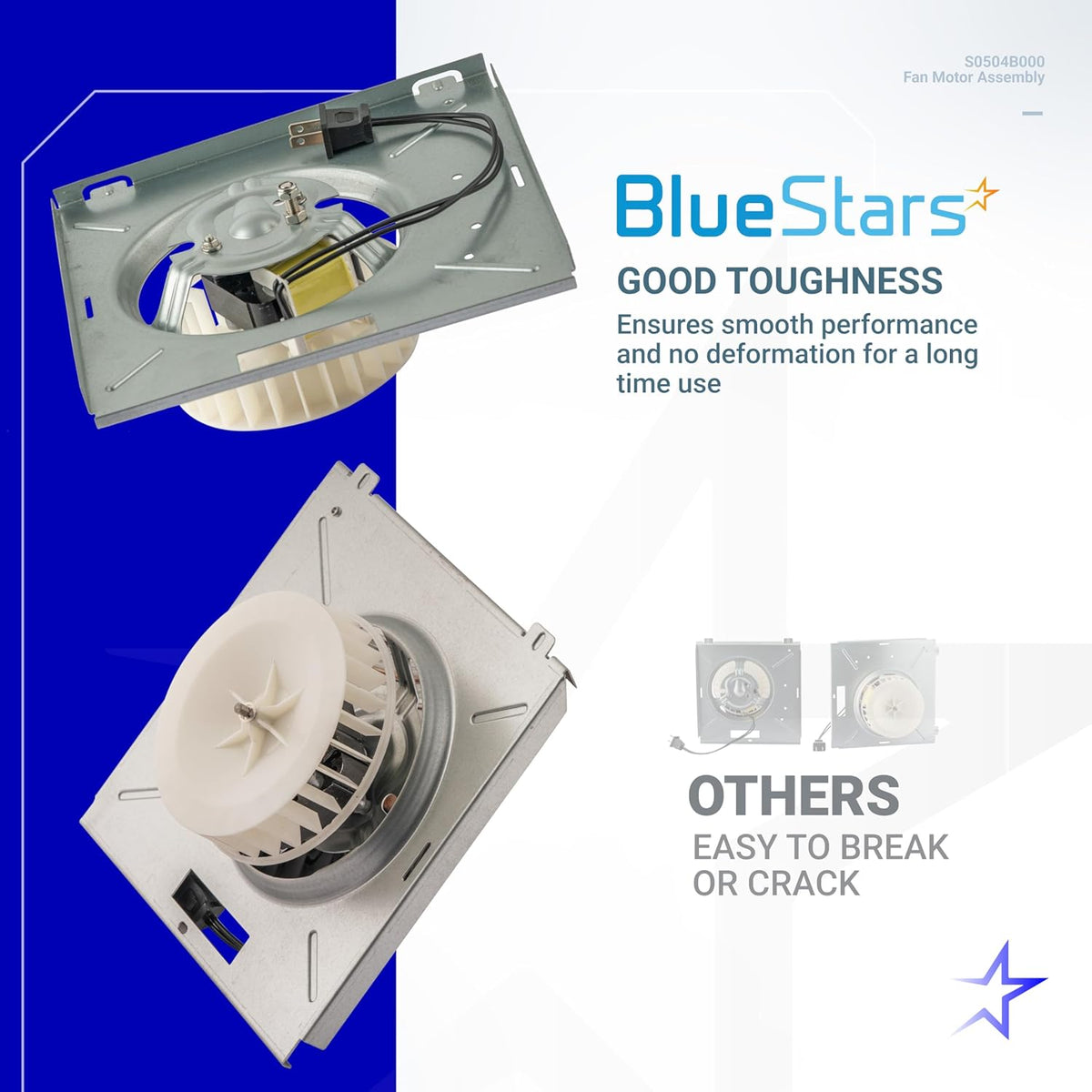BlueStars S0504B000 bathroom exhaust fan motor assembly with mounting plate and blower wheel.