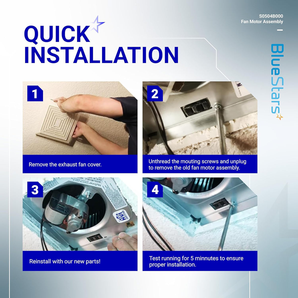Four-step installation guide for S0504B000 bathroom exhaust fan motor assembly.