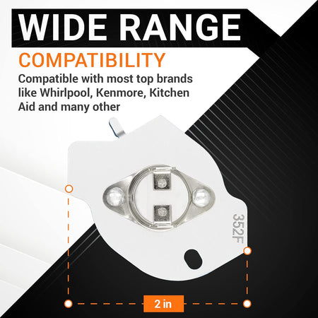 Dryer thermal fuse replacement part showing 2-inch width and compatibility for Whirlpool and Kenmore dryers.