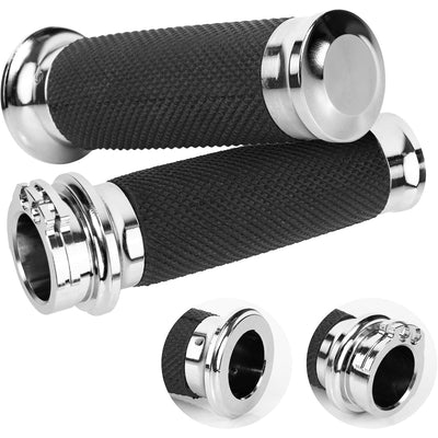 Pair of black and chrome 1-inch motorcycle hand grips with knurled texture and throttle sleeve detail.