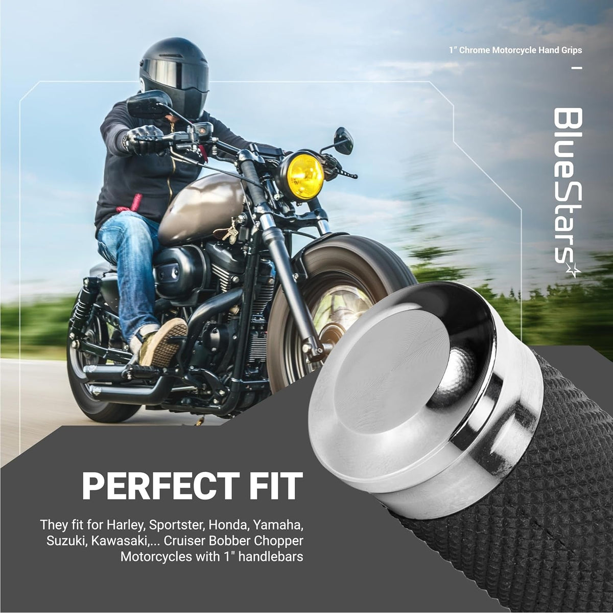 Close-up of 1-inch chrome motorcycle hand grip with textured black rubber handle.