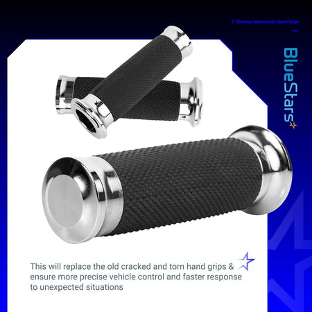 Pair of 1-inch chrome and black knurled motorcycle hand grips for Harley and metric cruisers.