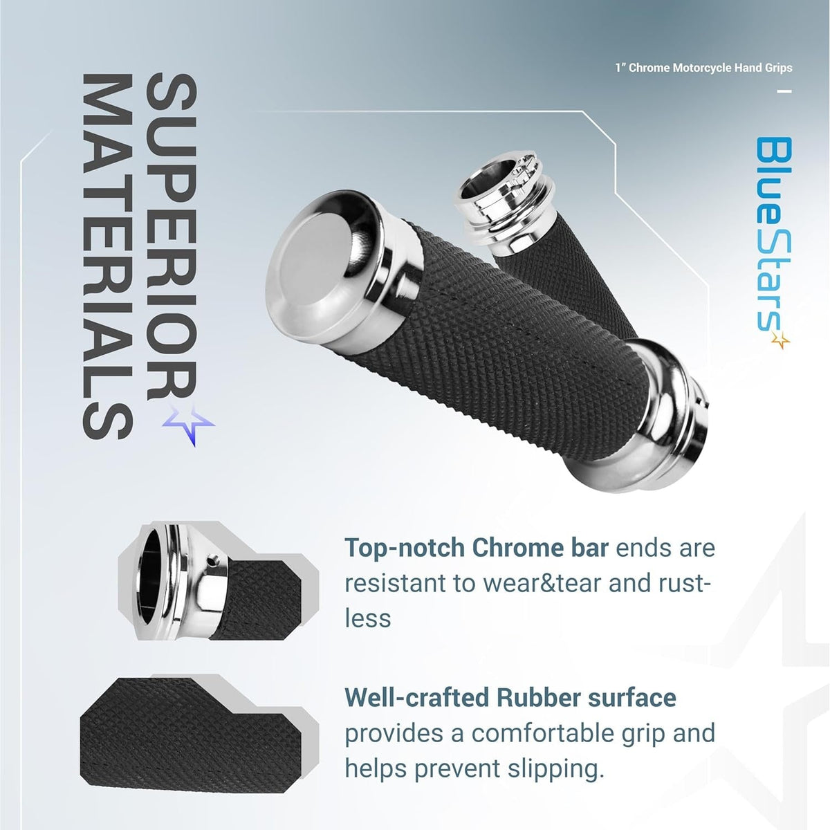 1-inch chrome motorcycle hand grips with textured black rubber surface for improved grip and durability.