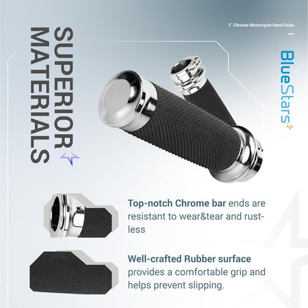 1-inch chrome motorcycle hand grips with textured black rubber surface for improved grip and durability.