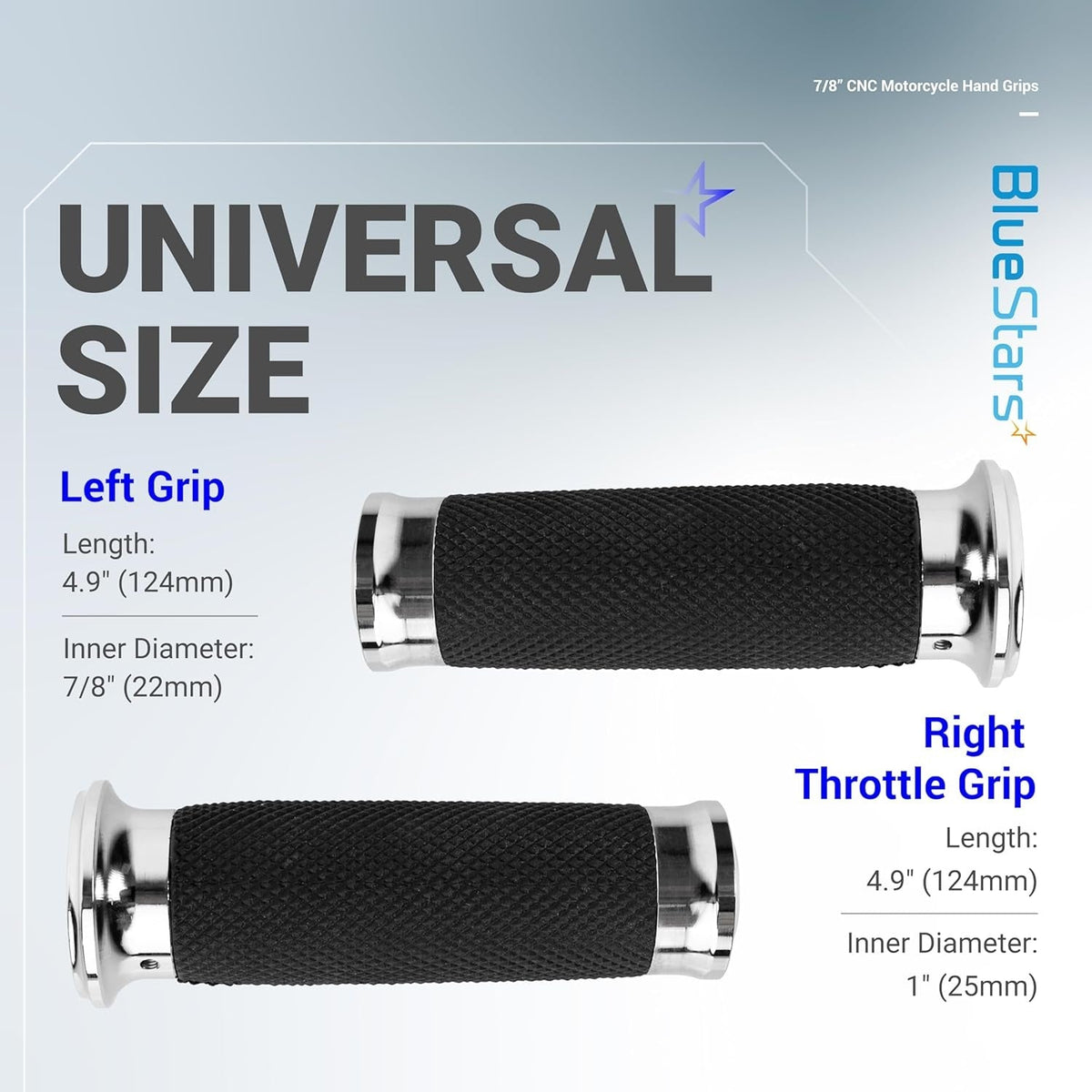 Infographic showing dimensions for universal motorcycle hand grips with 7/8 inch left and 1 inch throttle side diameters.