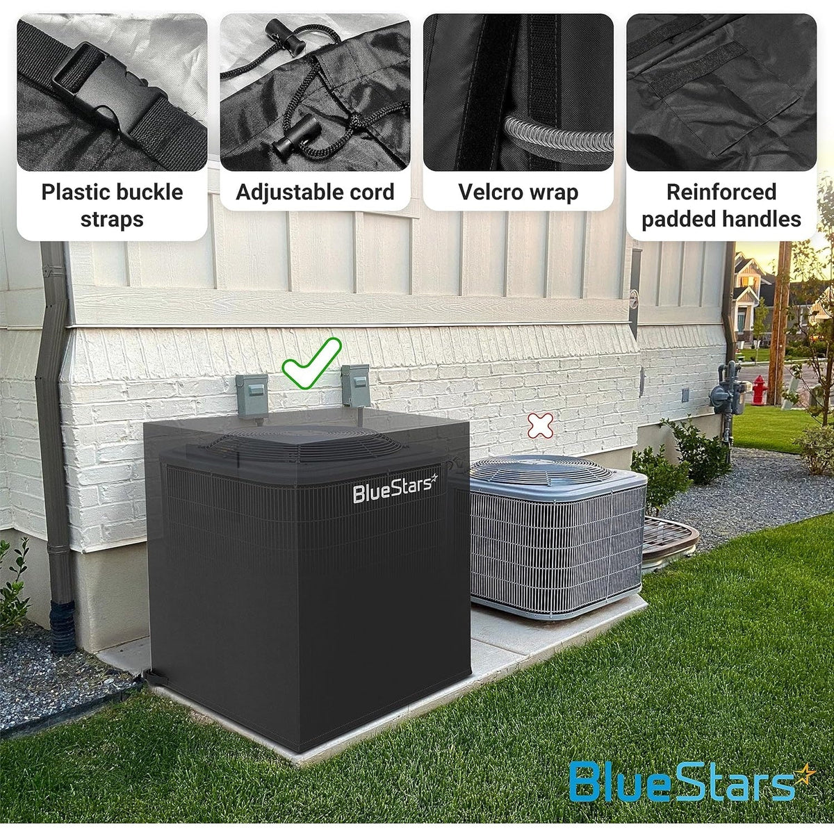 Black waterproof central air conditioner cover installed on an outdoor unit with close-up details of straps and handles.