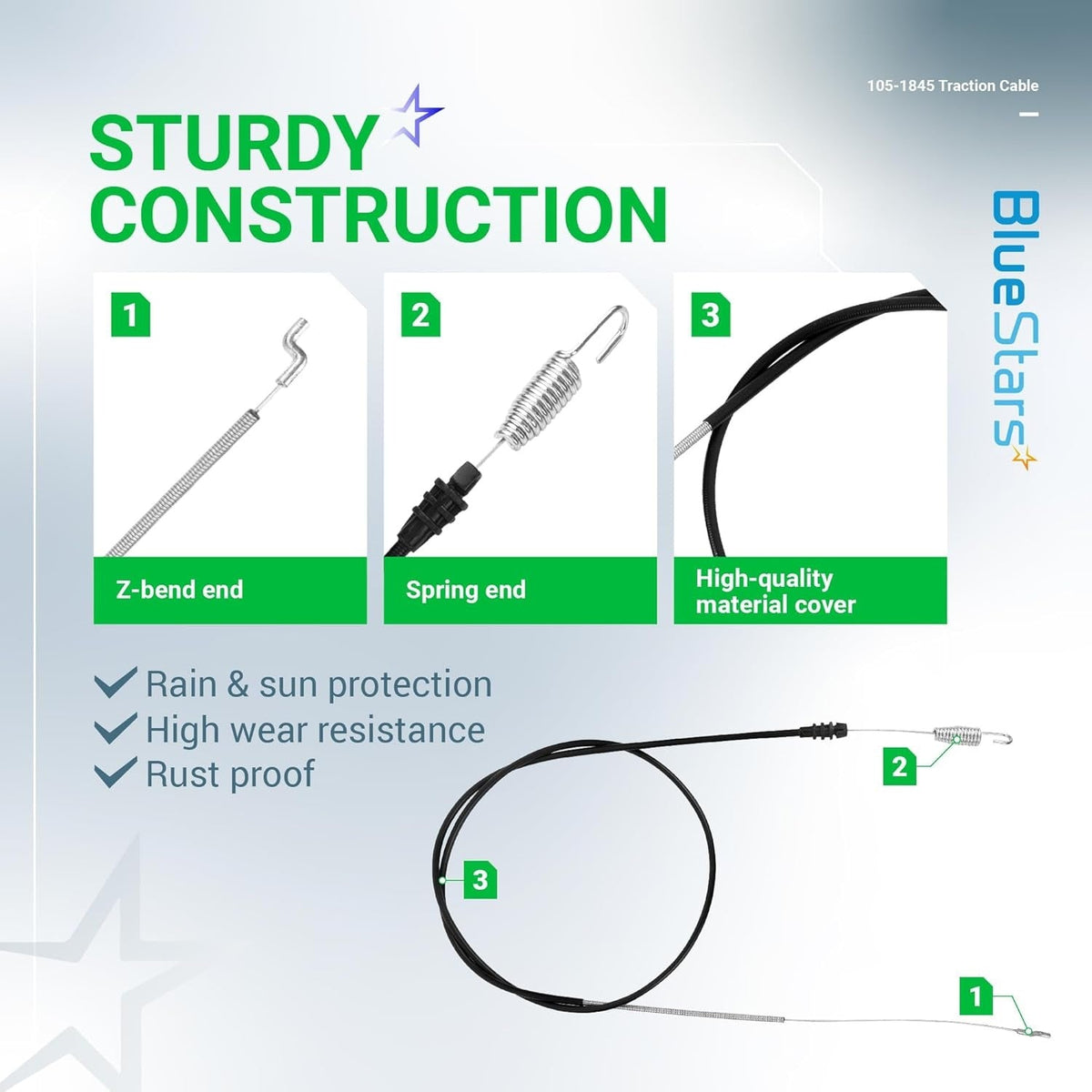 Infographic showing construction details of 105-1845 traction cable for Toro Recycler lawn mowers.