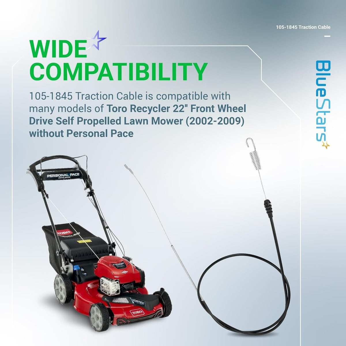 Infographic showing 105-1845 traction cable compatibility with Toro Recycler 22-inch front wheel drive lawn mowers.