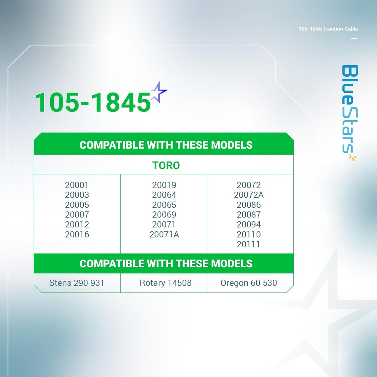 Compatibility chart for 105-1845 traction cable for Toro lawn mowers listing compatible model numbers.