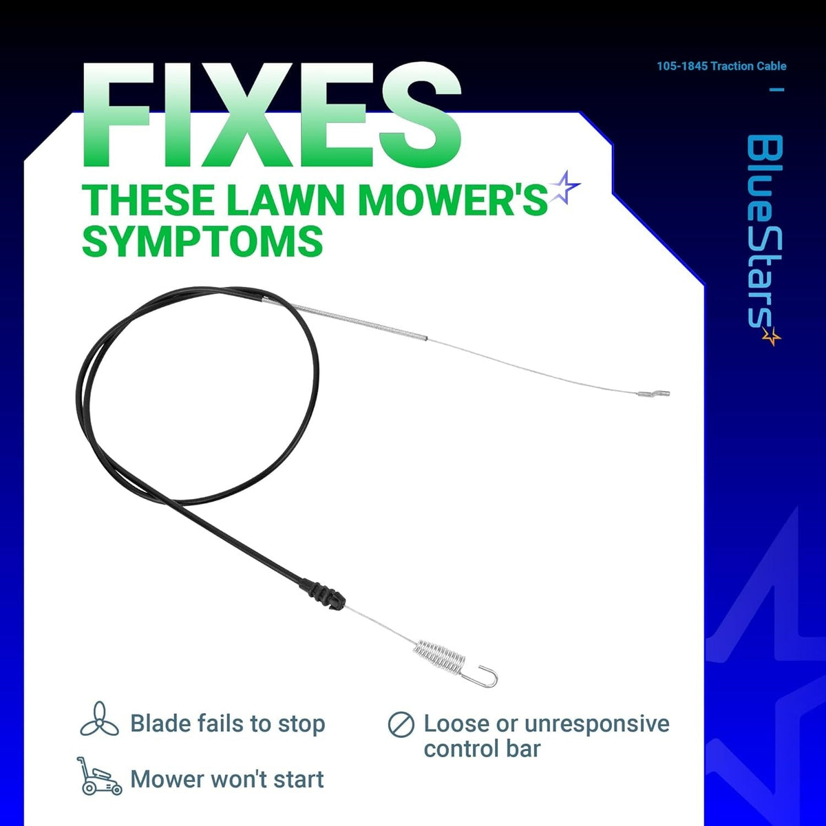 105-1845 traction cable for Toro Recycler lawn mowers shown on an informational graphic with symptom troubleshooting.