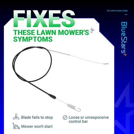 105-1845 traction cable for Toro Recycler lawn mowers shown on an informational graphic with symptom troubleshooting.