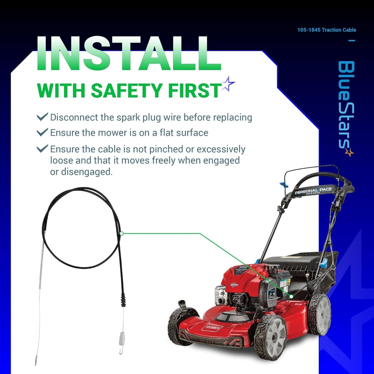 Installation guide for 105-1845 traction cable on a Toro Recycler lawn mower.