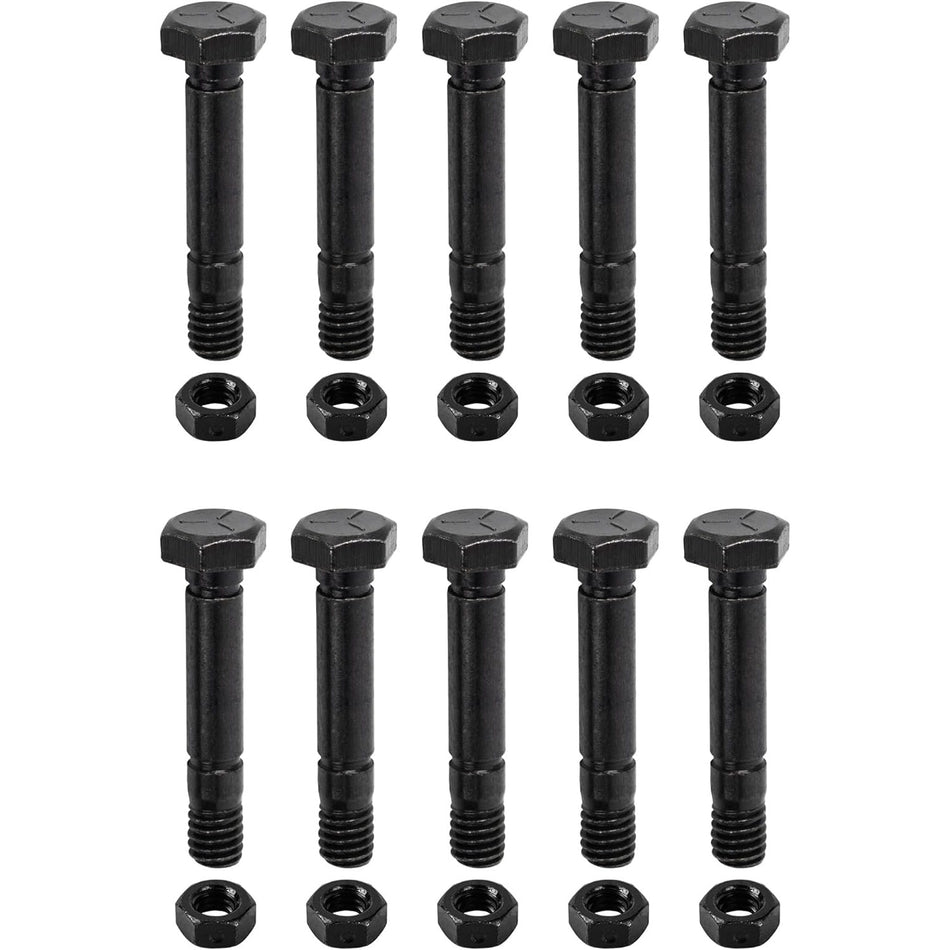 Set of 10 black snow blower shear pins and matching hex nuts arranged in rows.