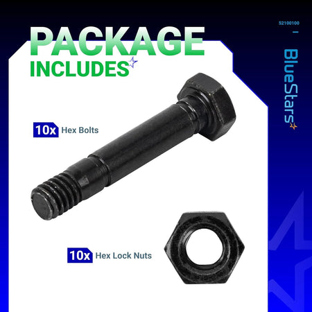 Single snow blower shear pin hex bolt and matching hex lock nut from 52100100 replacement kit.