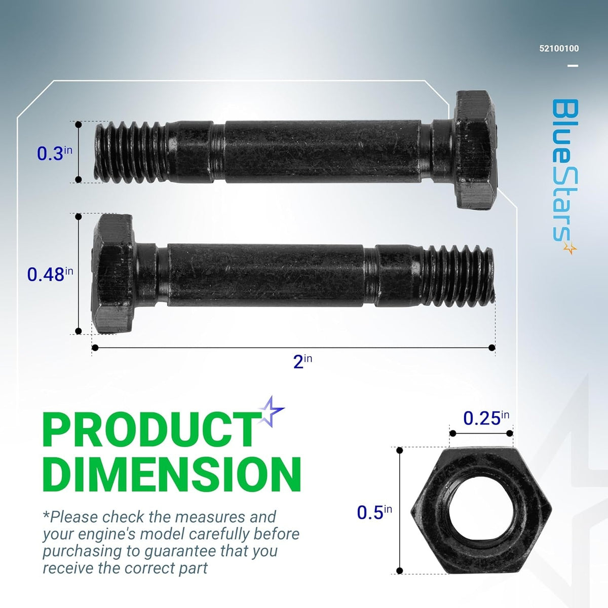 Dimensional diagram showing 52100100 snow blower shear pin and nut with measurements.