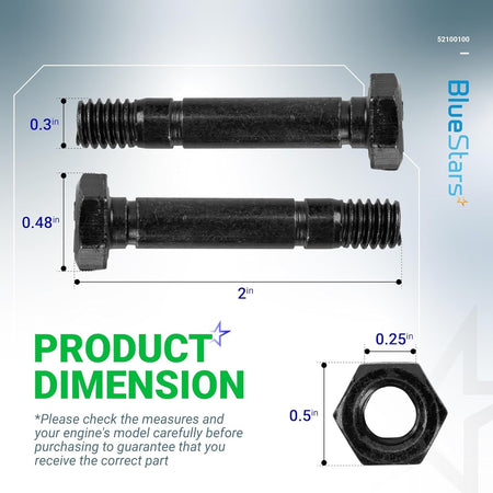 Dimensional diagram showing 52100100 snow blower shear pin and nut with measurements.