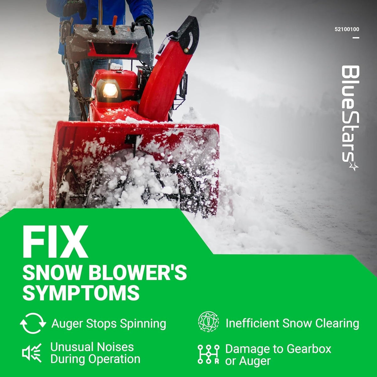 Informational graphic for 52100100 snow blower shear pins showing common symptoms like auger failure and gearbox damage.