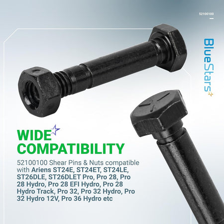 Close-up of 52100100 snow blower shear pin and nut set for Ariens snow blowers.