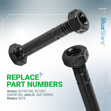 Two black snow blower shear pins with matching nuts shown against a product information background.