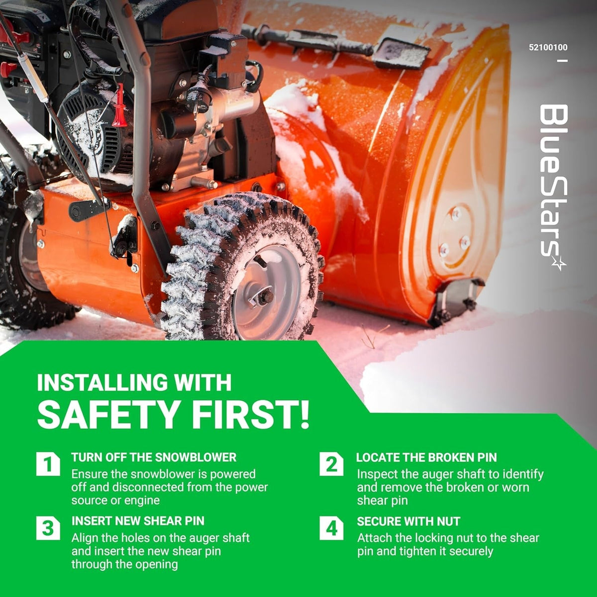 Instructional graphic for installing 52100100 snow blower shear pins and nuts on an auger shaft.