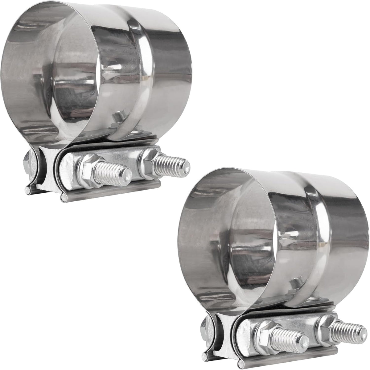 Two 3-inch stainless steel lap joint band clamps for exhaust systems.