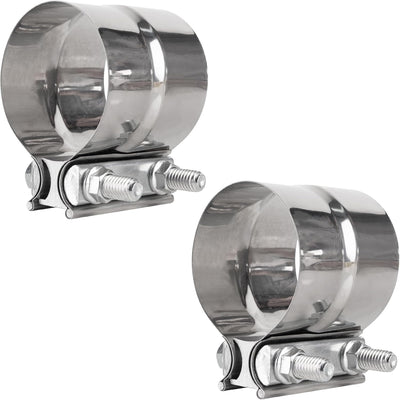 Two 3-inch stainless steel lap joint band clamps for exhaust systems.