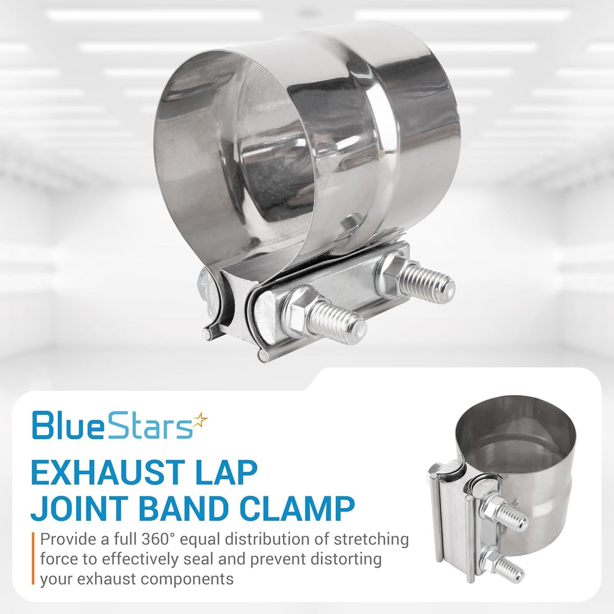 Single 3-inch stainless steel exhaust lap joint band clamp with bolt-on hardware.