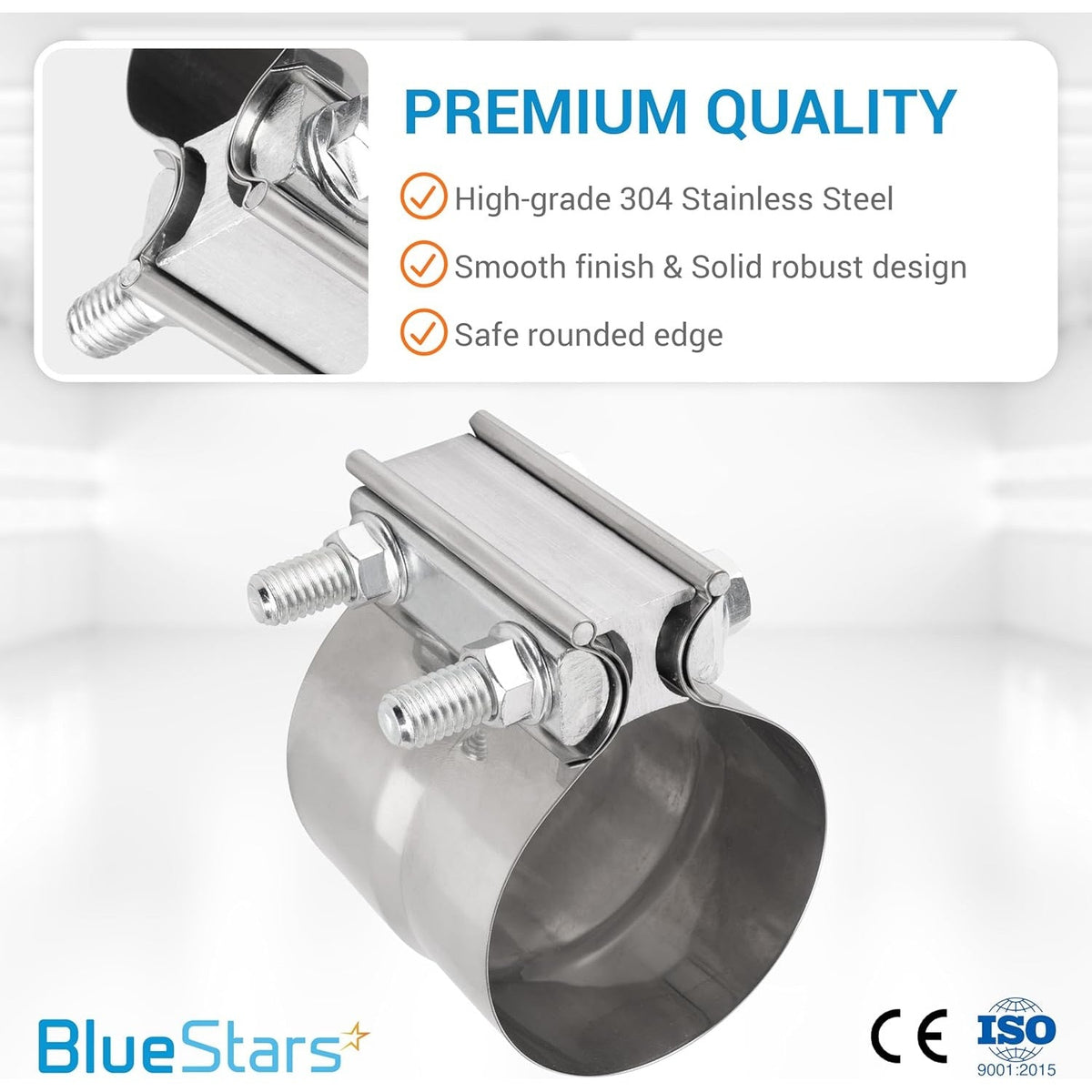 Single 3-inch 304 stainless steel lap joint band clamp with bolt hardware and premium quality feature callouts.