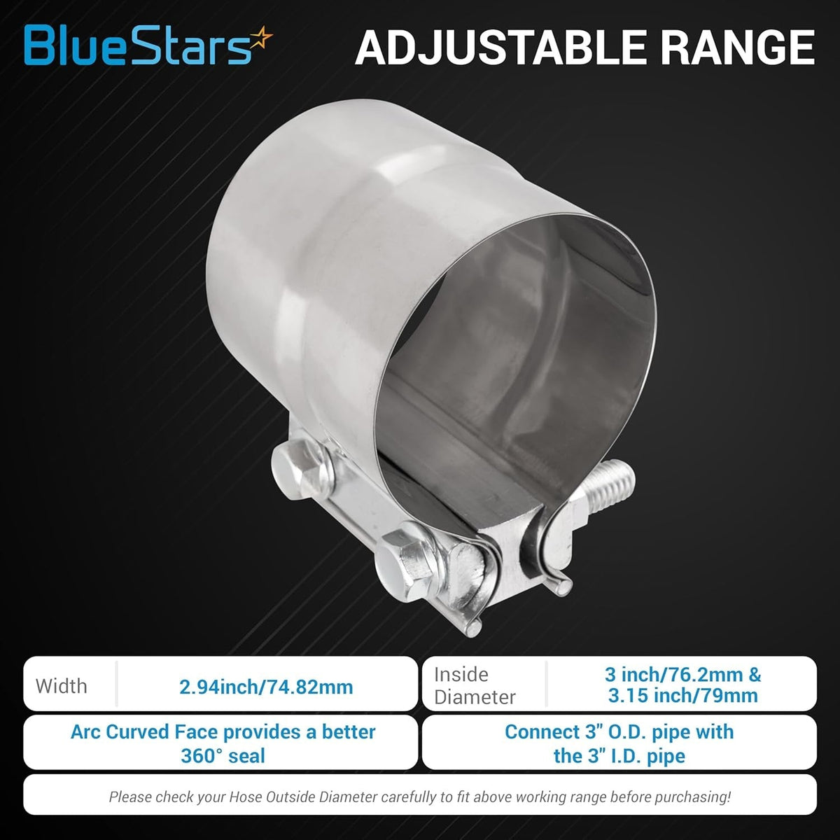 Single 3-inch stainless steel lap joint band clamp with adjustable bolt mechanism and technical specification overlay.