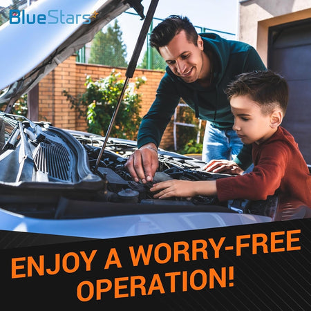 Father and son working on a car engine to ensure worry-free operation with BlueStars parts.