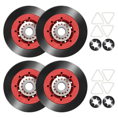Set of four dryer drum support rollers with washers and clips for Whirlpool, Kenmore, and Maytag dryers.