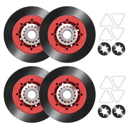 Set of four dryer drum support rollers with washers and clips for Whirlpool, Kenmore, and Maytag dryers.