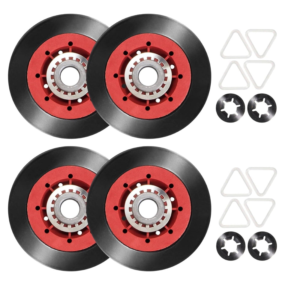 Set of four dryer drum support rollers with washers and clips for Whirlpool, Kenmore, and Maytag dryers.