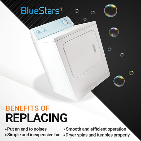 White clothes dryer illustrating the benefits of replacing a drum support roller for Whirlpool, Kenmore, and Maytag units.