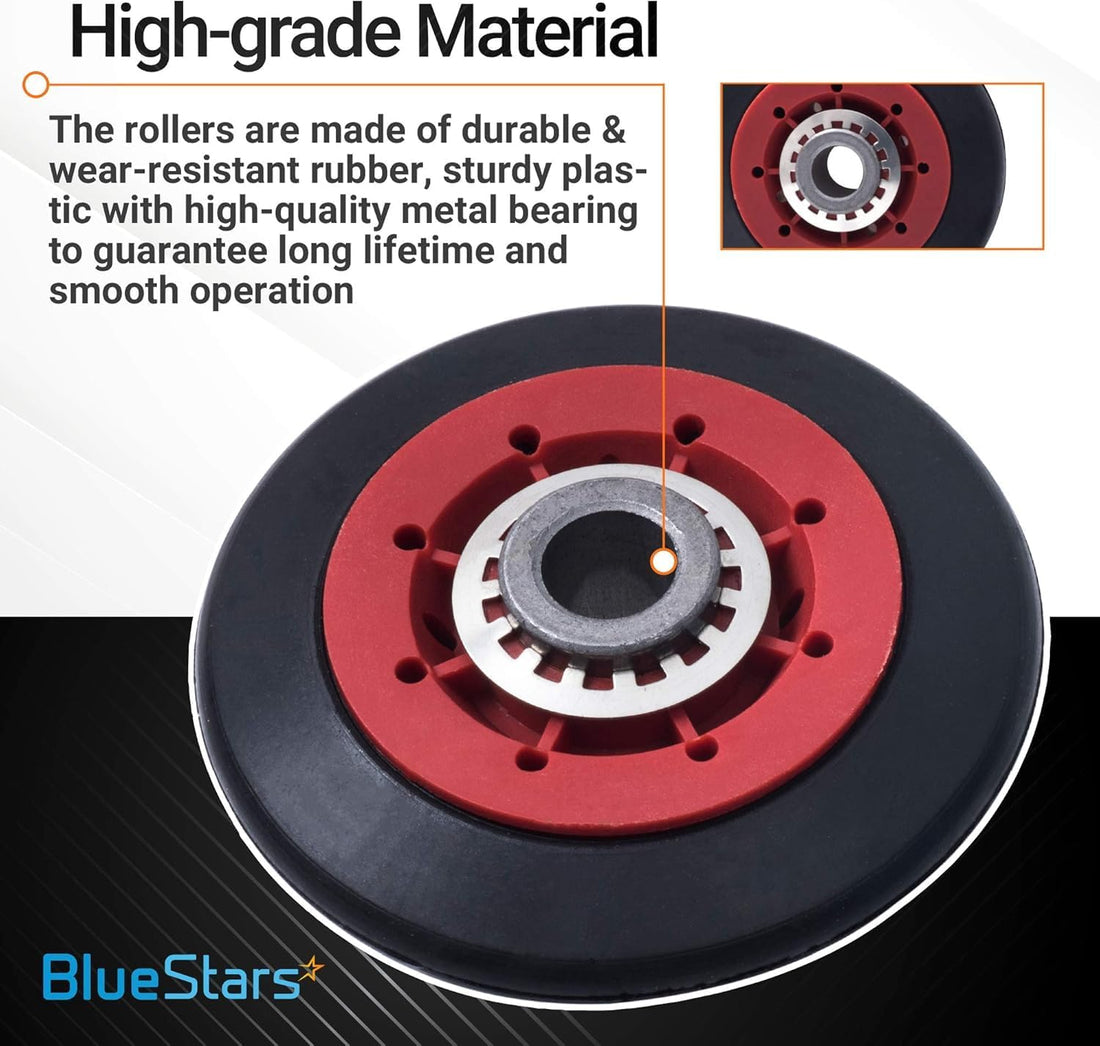 Close-up of a dryer drum support roller showing durable rubber, red plastic, and metal bearing construction.
