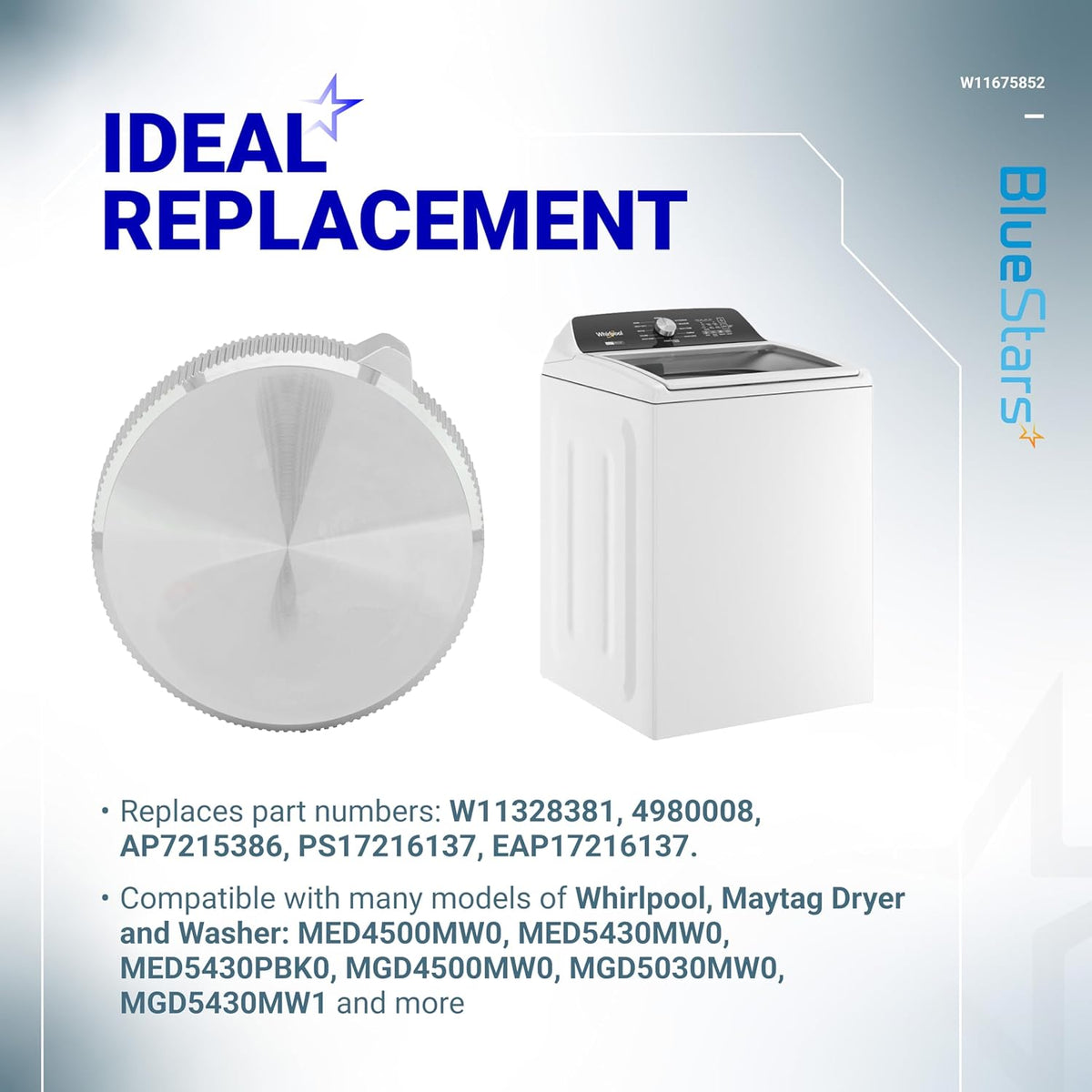 W11675852 washer and dryer control knob replacement for Whirlpool and Maytag appliances.