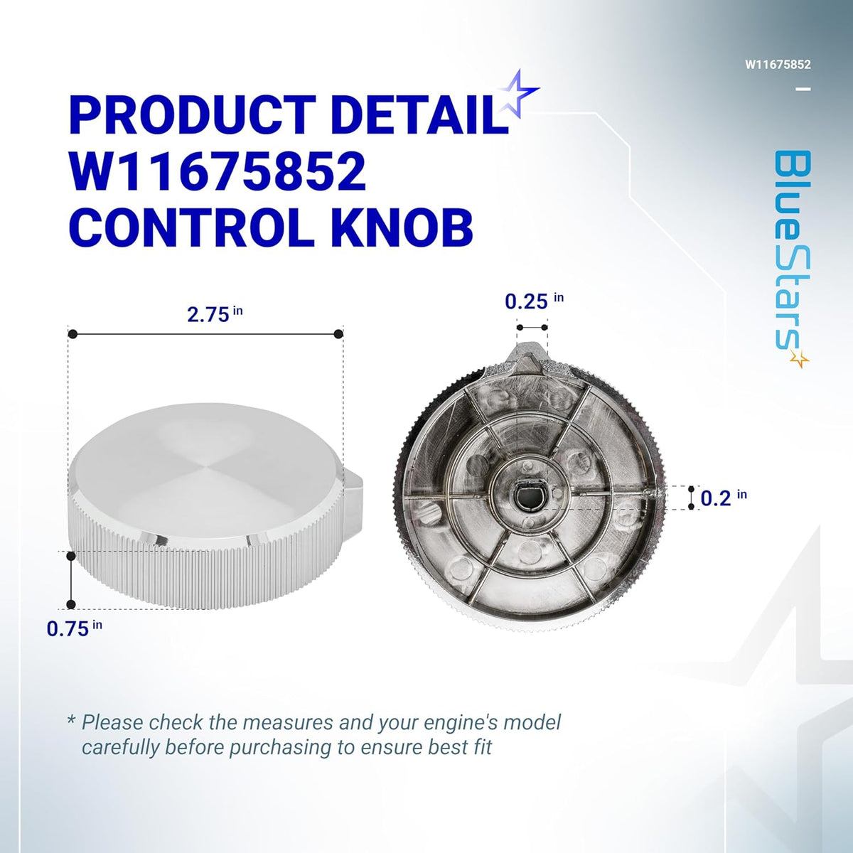 W11675852 washer dryer control knob showing front and back dimensions for compatibility verification.