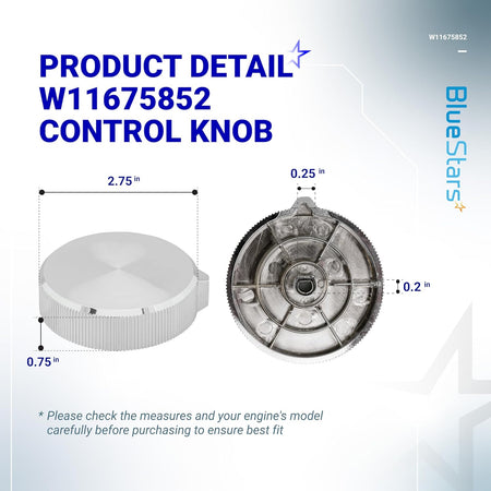 W11675852 washer dryer control knob showing front and back dimensions for compatibility verification.