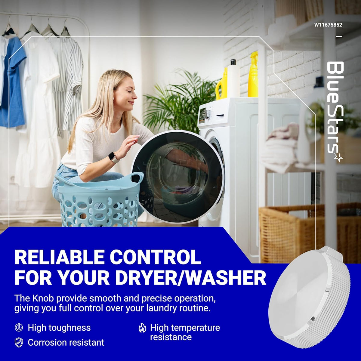 W11675852 washer and dryer control knob replacement shown in a lifestyle marketing graphic.