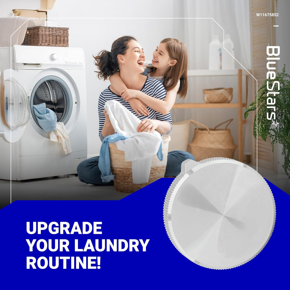 W11675852 washer and dryer control knob replacement shown in a lifestyle marketing graphic.