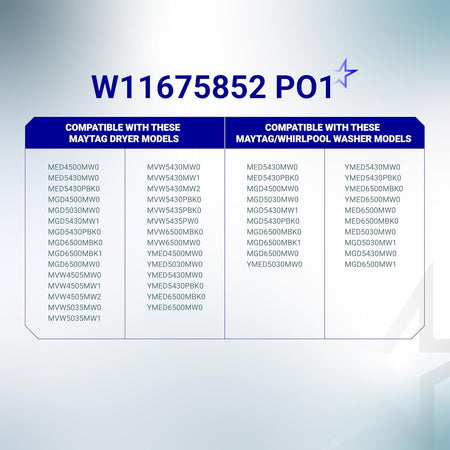 Compatibility chart for W11675852 washer and dryer control knob listing Whirlpool and Maytag model numbers.