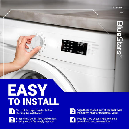 Hand installing W11675852 washer dryer control knob with easy installation instructions.