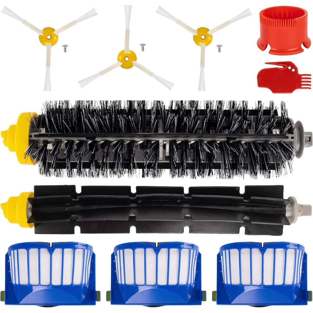 Replacement parts kit for iRobot Roomba 600 and 500 series including brushes, filters, side brushes, and cleaning tools.