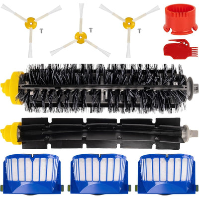 Replacement parts kit for iRobot Roomba 600 and 500 series including brushes, filters, side brushes, and cleaning tools.