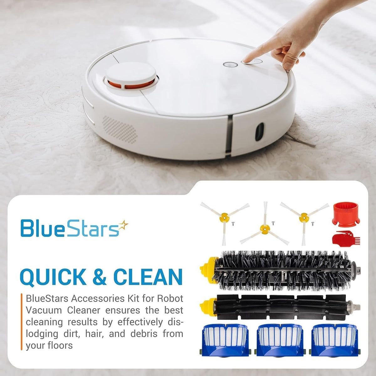 BlueStars replacement parts kit for iRobot Roomba 600 and 500 series vacuums including brushes, filters, and tools.