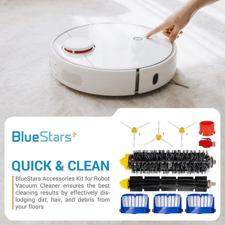BlueStars replacement parts kit for iRobot Roomba 600 and 500 series vacuums including brushes, filters, and tools.